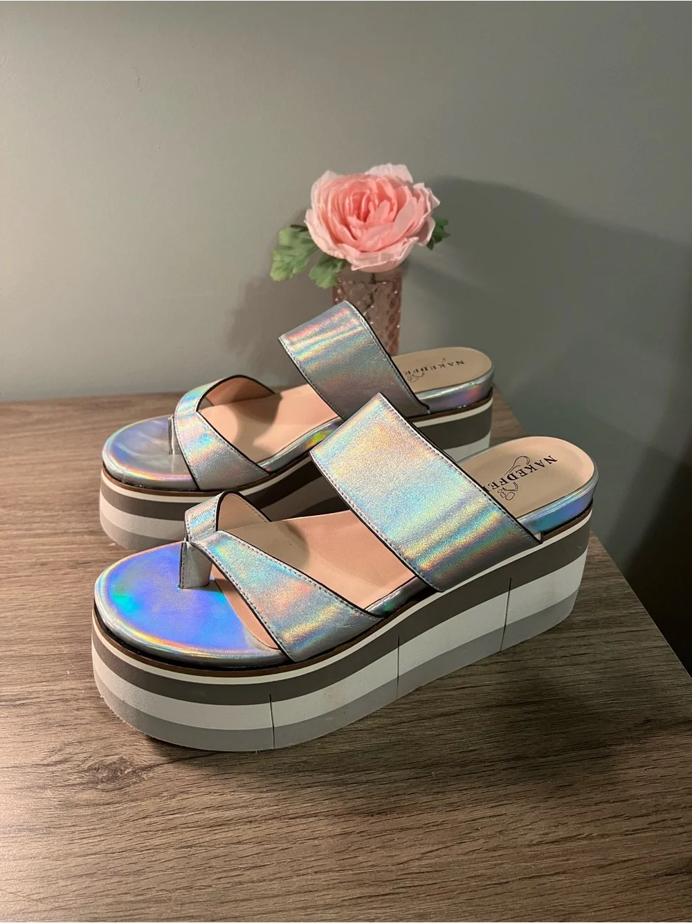 Naked Feet Iridescent Holographic Platform Slide Sandals - Silver